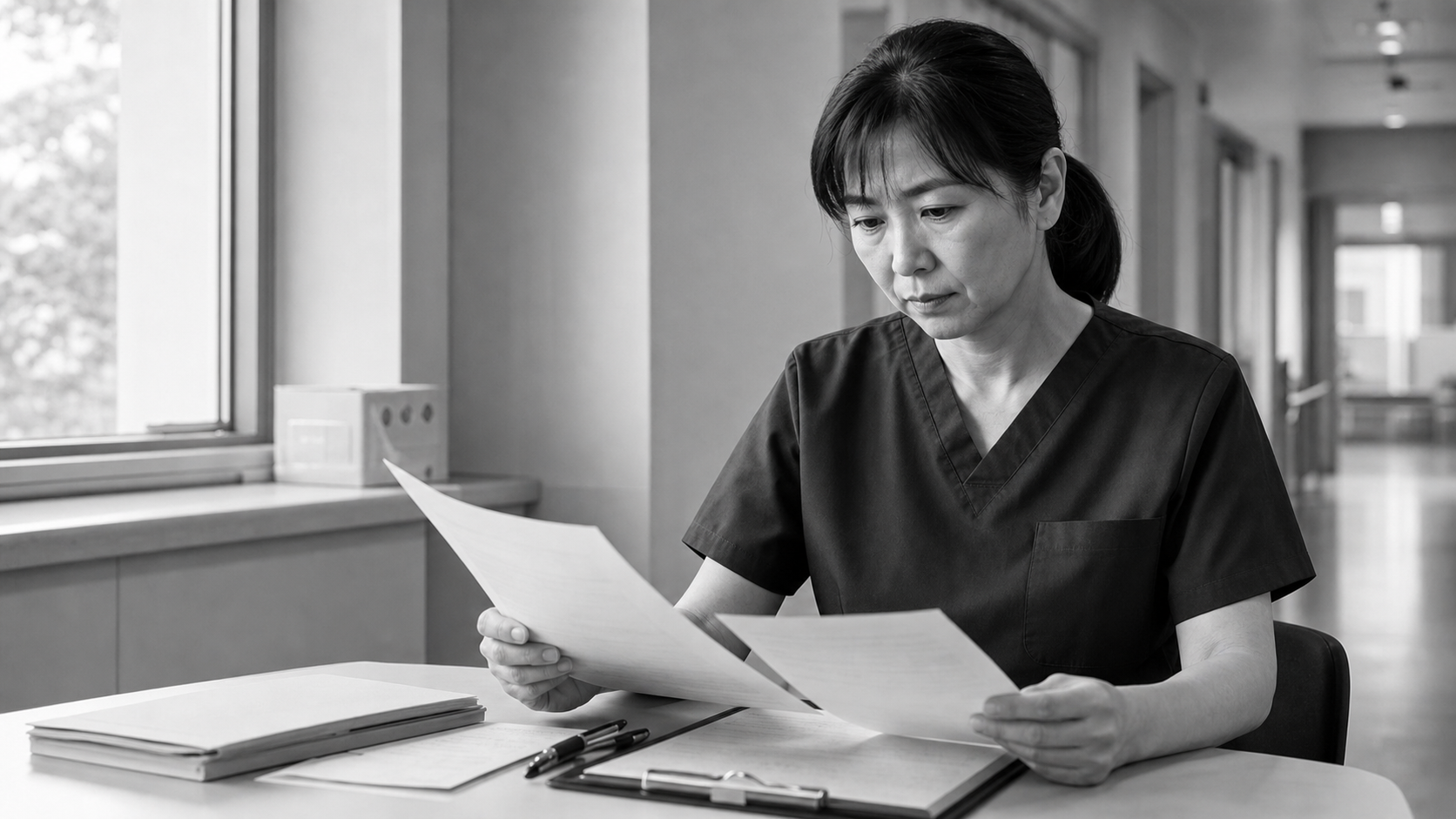 制度資料を読み込む看護師