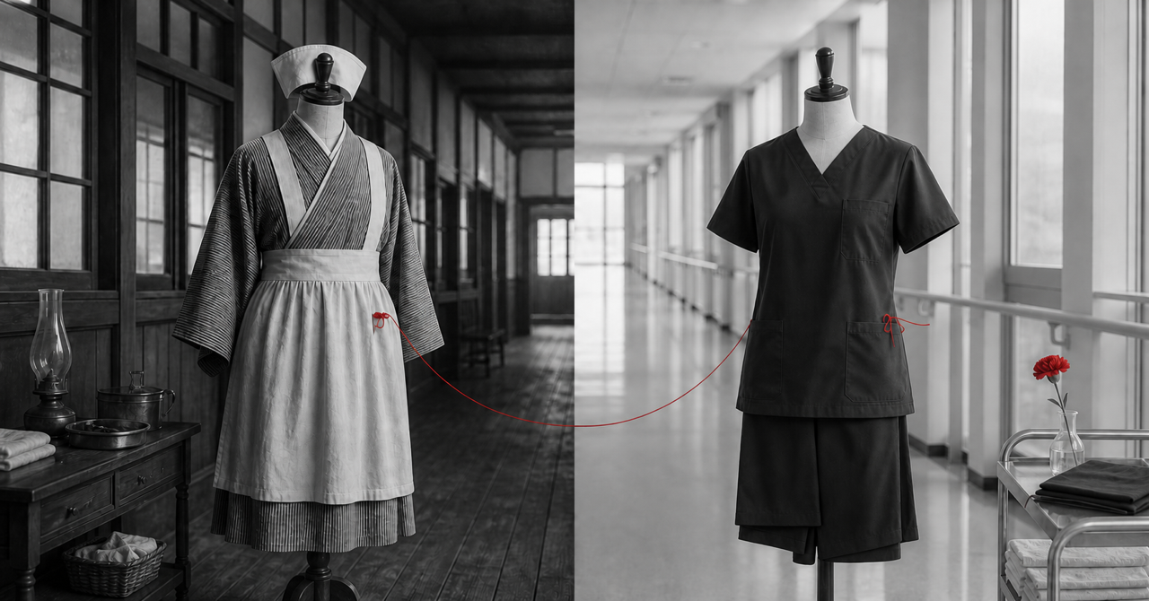明治の看護婦と現代の看護師の制服を対比したイメージ