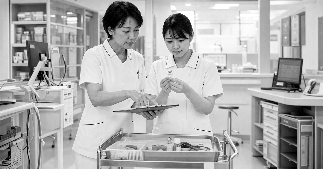 病棟中央で薬剤確認を練習する新人看護師と指導担当看護師