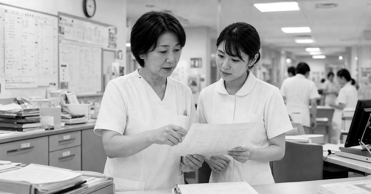 病棟中央で申し送り表を確認する看護師長と若手看護師
