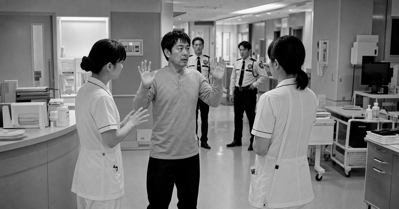 病棟中央で両手を上げる元患者へ看護師が落ち着いて対応する場面