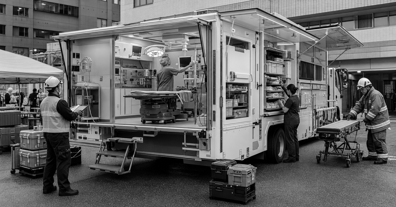 災害医療チームが医療資器材を緊急車両へ積み込む白黒写真