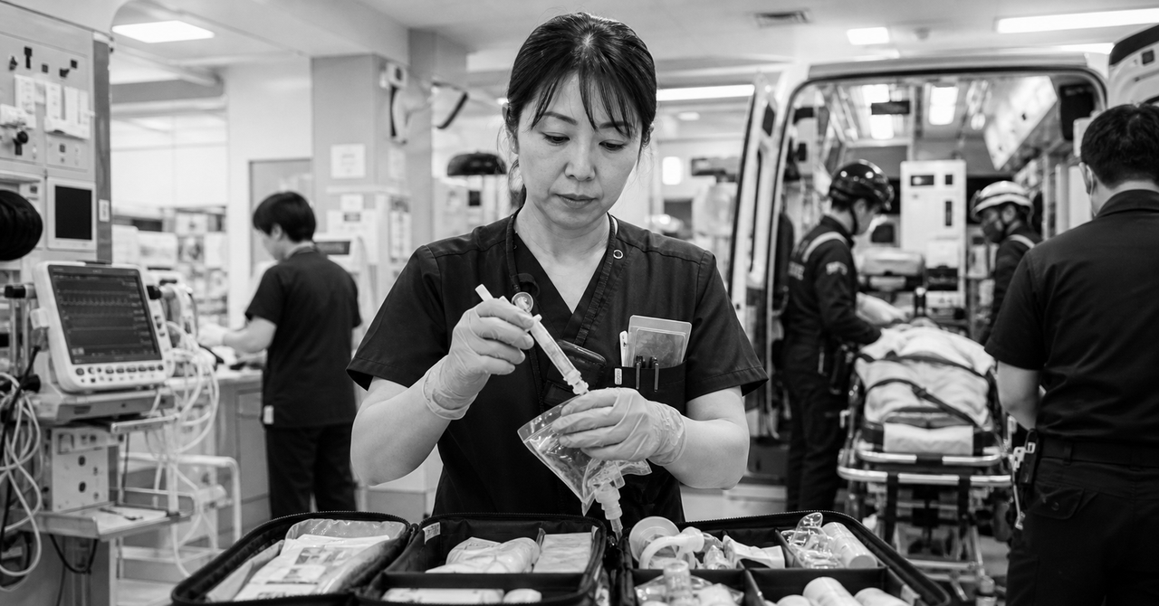 救命処置室でチームへ指示を伝える看護師長の白黒写真